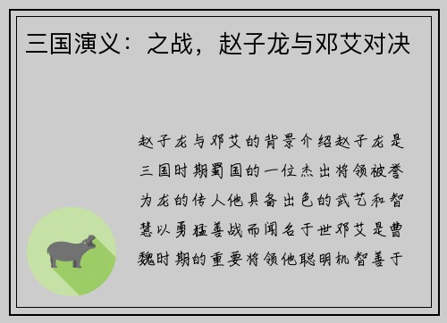 三国演义:之战,赵子龙与邓艾对决