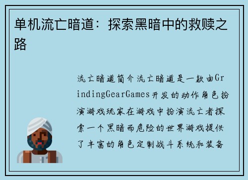 单机流亡暗道:探索黑暗中的救赎之路